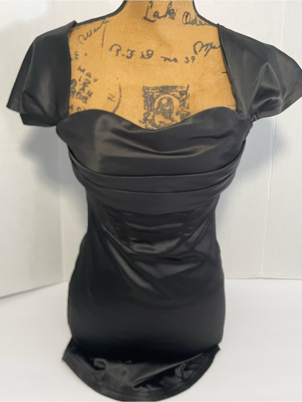 Satin Sweetheart Black Mini Dress with Cap Sleeves